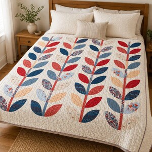 May include: A cream-colored quilt featuring a repeating pattern of vertical stems with rounded leaves in shades of red, navy blue, light blue, and floral prints. The quilt is layered over a bed with two large cream pillows and one small rectangular pillow.