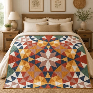 Puede incluir: Una colcha con un patrón geométrico de estrellas en una paleta de amarillo mostaza, azul marino, rojo terracota y blanco. El diseño consta de parches de tela triangulares y en forma de diamante con patrones complejos.