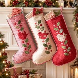 May include: Three quilted Christmas stockings hanging in a row. The left stocking is red and white gingham, the center is cream with a quilted pattern, and the right is solid red. Each features a fabric bird and leaf appliqué.
