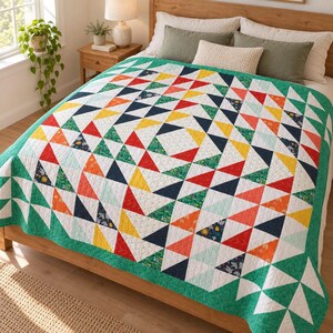 Patron PDF de courtepointe géométrique moderne | Courtepointe carrée de 183 x 183 cm | Demi-carrés et motifs d'oies volantes | Guide de courtepointe patchwork coloré