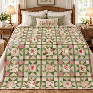 May include: A patchwork quilt featuring a repeating grid pattern of squares and triangles in shades of sage green, soft pink, and cream. The design incorporates floral prints, small gingham checks, and solid blocks, finished with a thin red border.