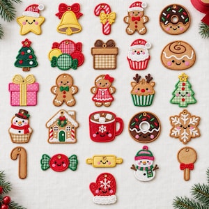 以下が含まれることがあります： ジンジャーブレッドマン、キャンディケイン、ギフトボックス、雪だるま、クリスマスツリー、ドーナツ、ホットココアのマグカップ、ベル、星、雪の結晶、ミトンなど、笑顔が描かれた様々な形のクリスマスをテーマにした刺繍ワッペンのコレクション。