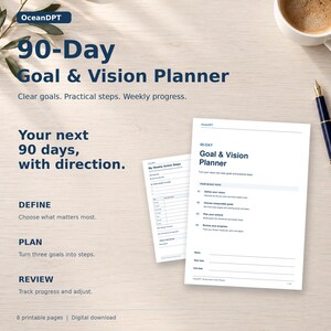 Könnte beinhalten: Ein 90-Tage-Ziel- und Visionsplaner mit dunkelblauem Text auf weißem Papier. Der Planer enthält Abschnitte zum Definieren der Vision, zum Auswählen messbarer Ziele, zum Planen von Aktionen und zum Überprüfen des Fortschritts. Text: OceanDPT 90-Day Goal & Vision Planner.