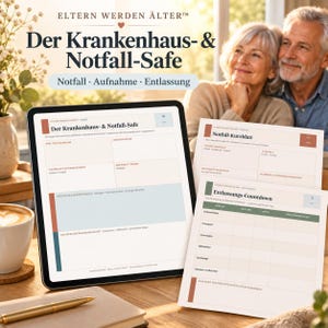 Könnte beinhalten: Ein digitales Tablet und ausgedruckte Dokumente mit den Titeln Der Krankenhaus- & Notfall-Safe, Notfall-Kurzblatt und Entlassungs-Countdown. Diese Formulare enthalten Abschnitte für persönliche Daten, Notfallkontakte und medizinische Informationen.