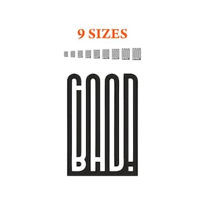Peut inclure: Un design graphique présentant le texte 9 SIZES en orange, suivi d'une rangée de neuf petits blocs de texte noirs indiquant GOOD BAD! par taille croissante. En dessous, un grand graphique noir affiche le mot GOOD avec le mot BAD! à l'intérieur.