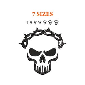 Puede incluir: Un diseño de bordado que presenta una calavera negra con una corona de espinas. Sobre la calavera, el texto 7 SIZES aparece en naranja, seguido de una fila horizontal de siete iconos de calaveras negras de tamaño creciente.