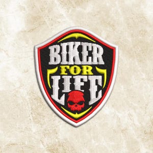 Parche bordado con diseño de motociclista "Motero de por vida"