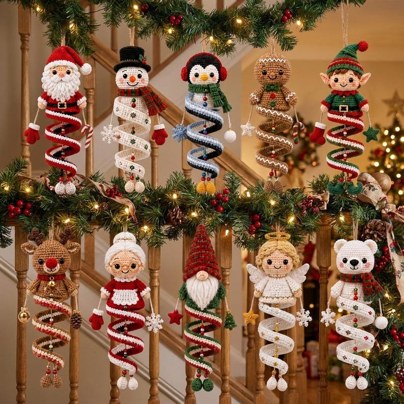 10 Christmas Spiral Ornaments Crochet Pattern Bundle PDF, Crochet Snowman Pattern, Santa Crochet, Hanging Amigurumi Christmas Decor