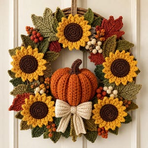 Può includere: Una ghirlanda decorativa con girasoli all'uncinetto con centri marrone scuro e petali gialli, foglie autunnali verdi e rosse, grappoli di bacche e una zucca centrale all'uncinetto arancione decorata con un fiocco in tessuto color crema.