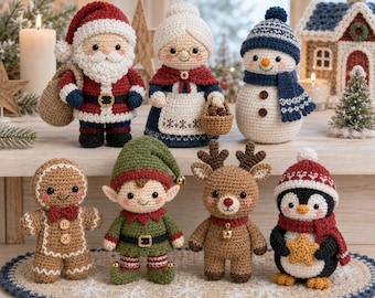 May include: A collection of seven crocheted Christmas figurines including Santa Claus, Mrs. Claus, a snowman, a gingerbread person, an elf, a reindeer, and a penguin. Each figure features intricate yarn details, colorful outfits, and small accessories.