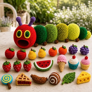 Virkmönster till den mycket hungriga larven, amigurumi-leksak med hungrig larv i PDF-format, digital nedladdning med 26 matbitar