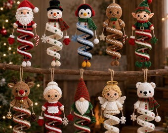May include: Ten crocheted Christmas ornaments hanging from a branch, featuring a Santa, snowman, penguin, gingerbread person, elf, reindeer, Mrs. Claus, gnome, angel, and polar bear, each with a colorful spiral body and hanging twine loops.