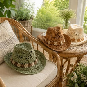 Cowboy Hat Crochet Pattern, Boho Western Raffia Sun Hat PDF, Mesh Cowgirl Summer Festival Hat Tutorial, Adult Child Baby Digital Download