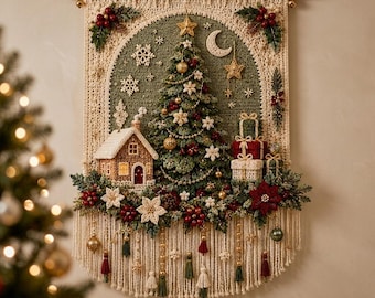 May include: A cream-colored macrame wall hanging featuring a central green arched panel with a crocheted Christmas tree, a small house, and gift boxes. The design includes red berries, white poinsettias, snowflakes, a moon, and hanging tassels.