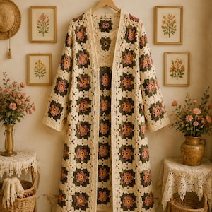 May include: A long, open-front cardigan made of cream-colored yarn featuring a repeating granny square pattern. Each square contains a central flower motif with pink petals and a yellow center, surrounded by dark green leaves on a cream background.
