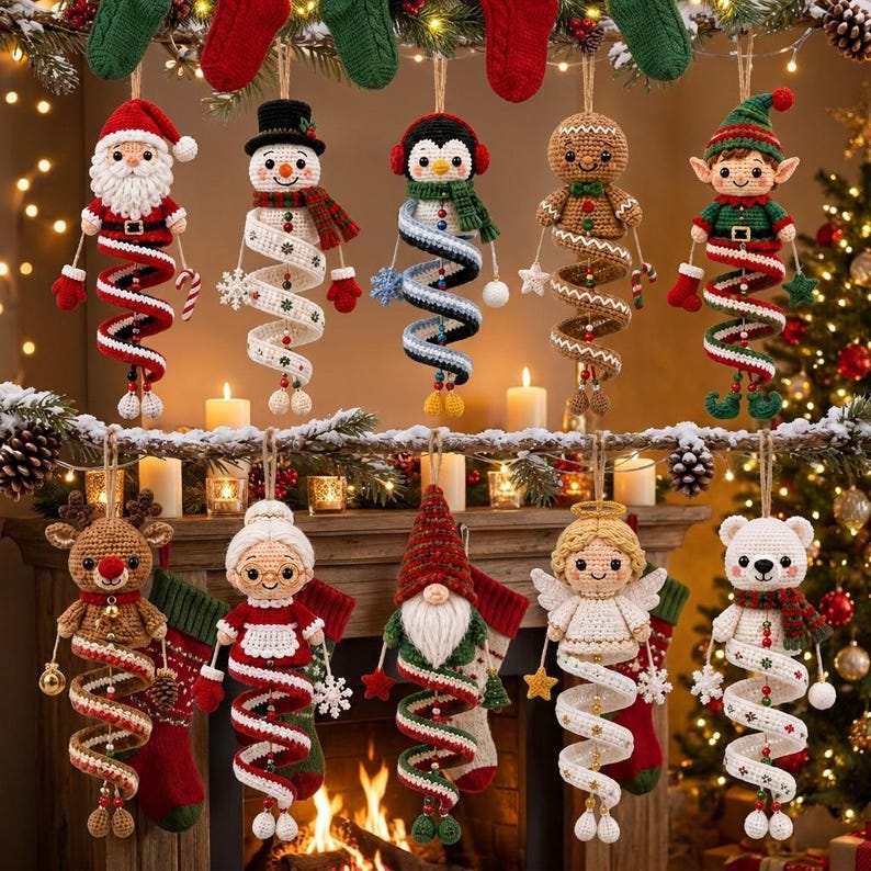 10 Christmas Spiral Ornaments Crochet Pattern Bundle PDF, Crochet Snowman Pattern, Santa Crochet, Hanging Amigurumi Christmas Decor