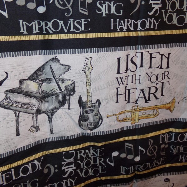 Vintage Musical Fabric /  Listen with your heart fabric / Music Border fabric / Black and white with gold fabric / Music Teacher fabric /