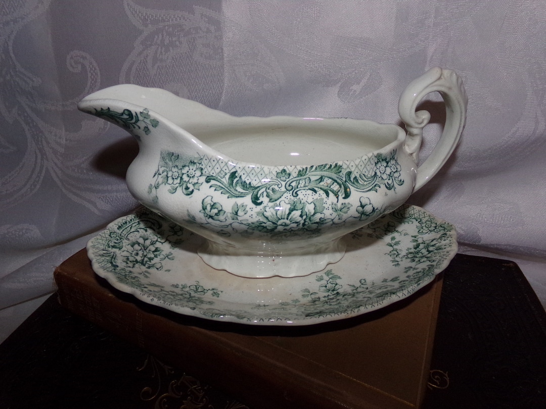 Antique Green Transferware Gravy Boat and Saucer / Farm House Serving Cup / North Burslem
