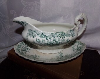 Antique Green Transferware Gravy Boat and Saucer /  Farm house serving Cup / North Burslem England Searver / Ironstone Seaver /  Freind Gift