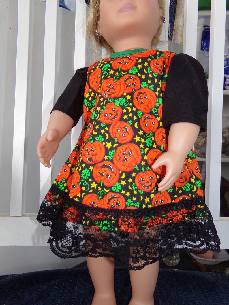 Hand Made Halloween doll cloths / for a 18'' doll / pumpkin fabric 18inch doll dress / scary Halloween dress for doll image 3