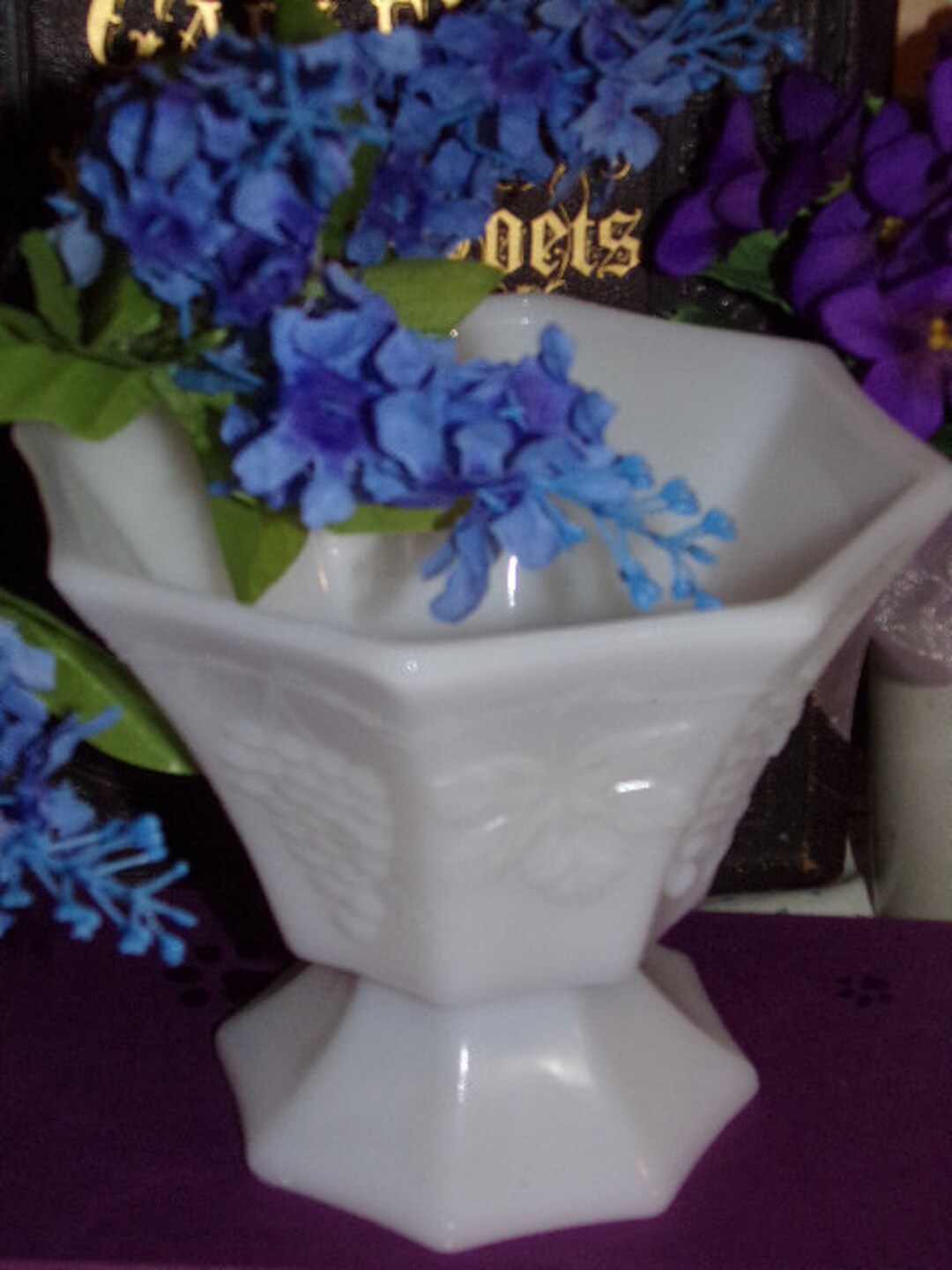 Vintage White Milk Glass Vase / Embossed Milk Glass / Center Piece Vase