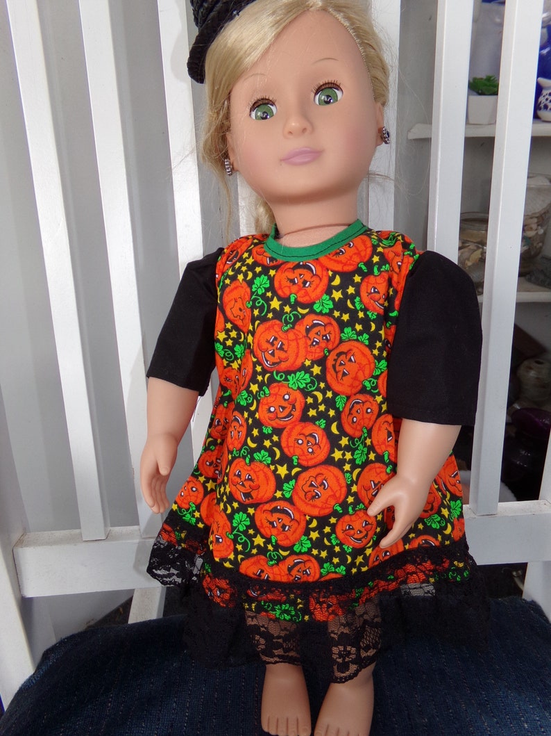 Hand Made Halloween doll cloths / for a 18'' doll / pumpkin fabric 18inch doll dress / scary Halloween dress for doll image 1