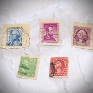Vintage Stamps / set of 5 stamps / Abraham Lincoln 4 cent stamp / usa  2 cent stamp / Washington 3 cent stamp.  Beginners stamp Collection.