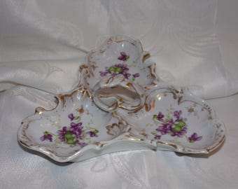 Vintage  3 section candy dish /   Fine China Candy dish /  Porcelain Hand painted candy dish
