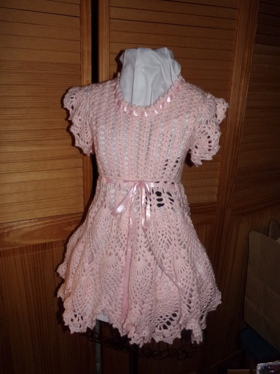 Vintage Handmade Crochet Girls Dress /  Girls Pink