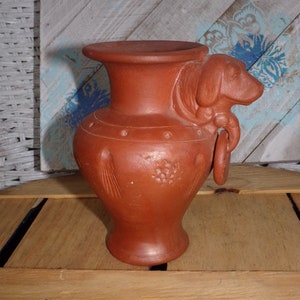 Vintage Art Pottery / Gift for Dad  / Terracotta Vassal  /  Unusual Pottery  / Le Duc Ha Pottery  /  Lab Head Vase  /  Red Clay Vase