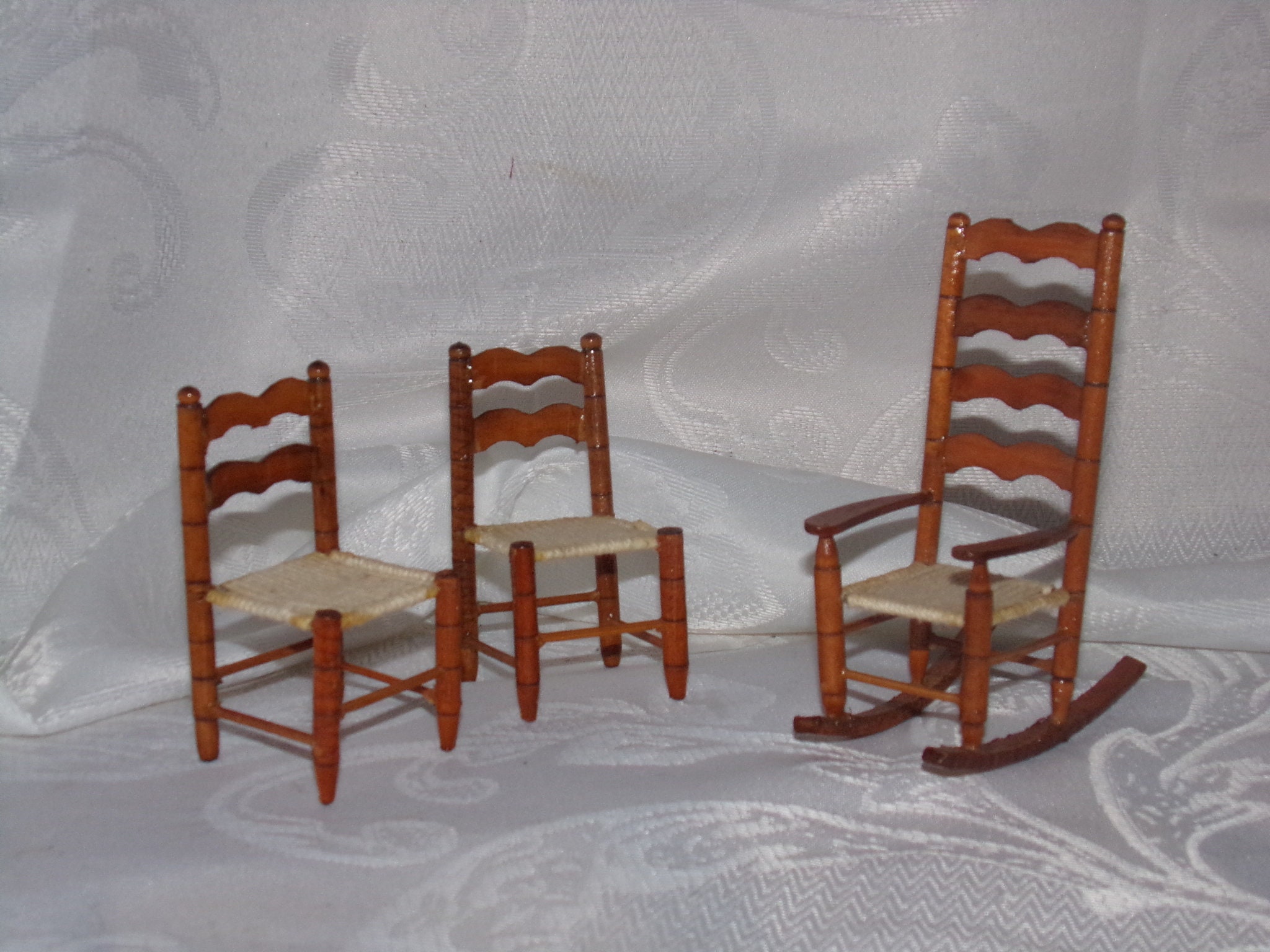 4 Vintage Dollhouse Miniature Ladder Back Chairs Rope Seats 1:12th