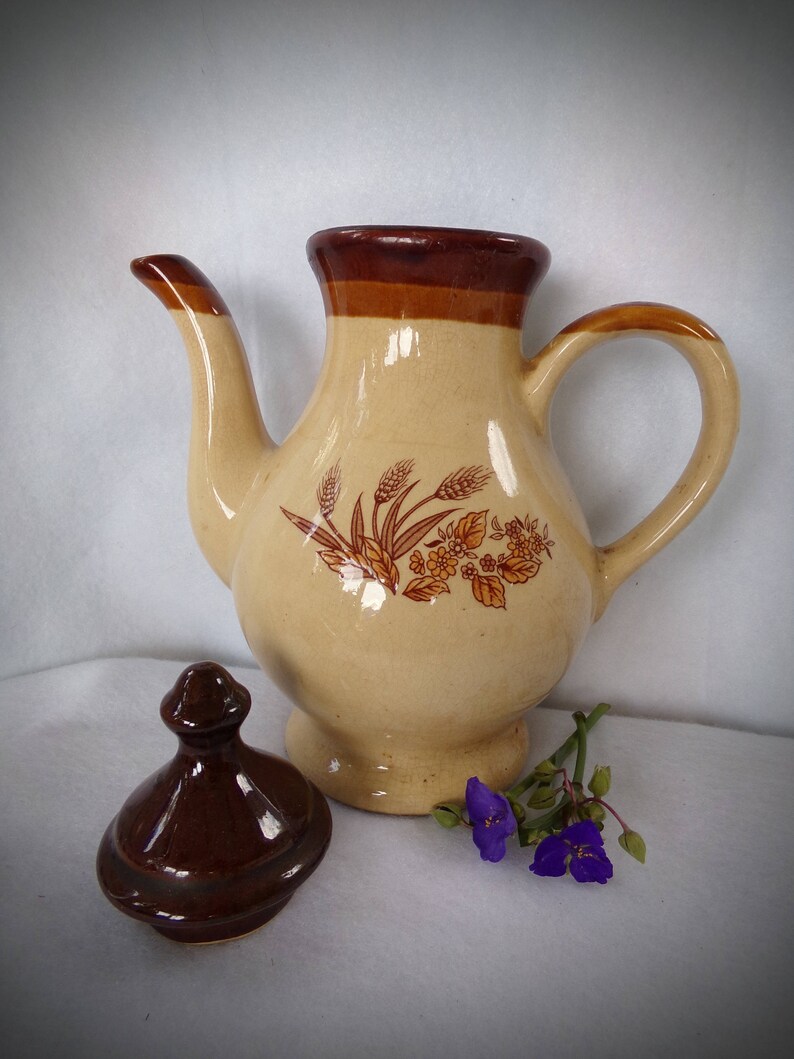 Brown Ware Pottery Tea Pot Primitive Wheat Sheaf Pattern Tea Pot Vintage Pottery . Boston Bean Pot Style 1960s Stoneware Tea Pot
