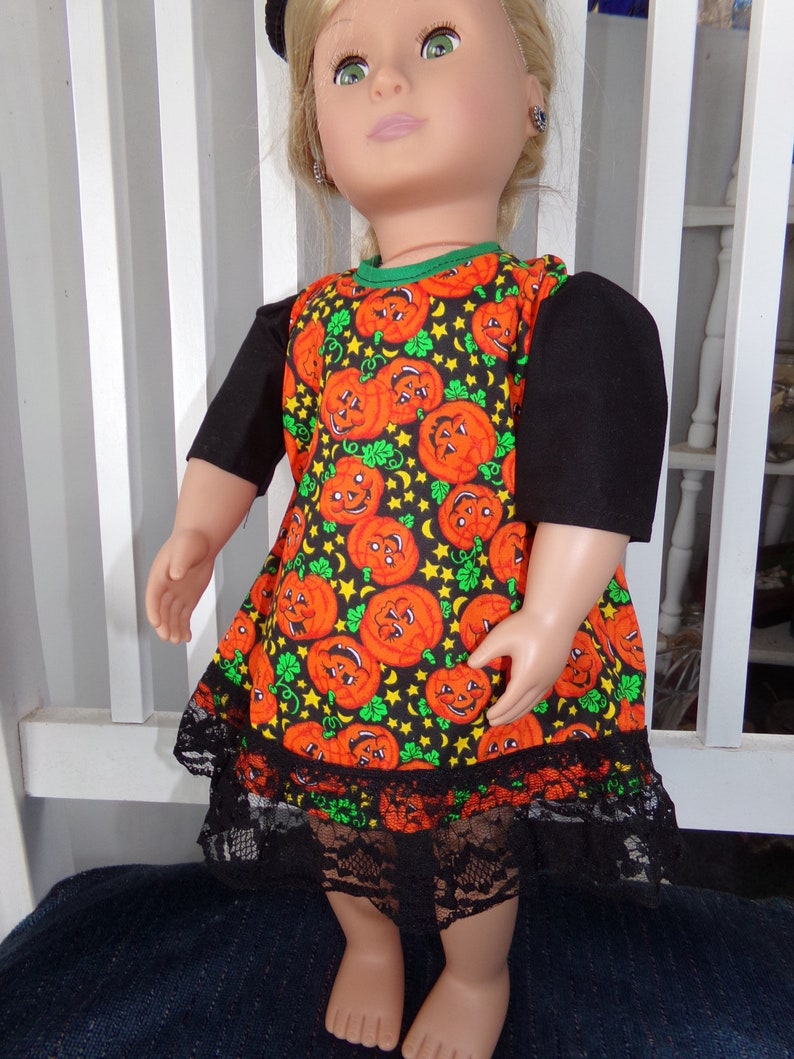 Hand Made Halloween doll cloths / for a 18'' doll / pumpkin fabric 18inch doll dress / scary Halloween dress for doll image 5