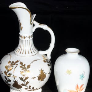 100 year old French Pottery / Rare Barware / Set of ( 2 )  . 1900s, Beautiful French Picture ,Old Japanese Vase w/Leaves and gold trim