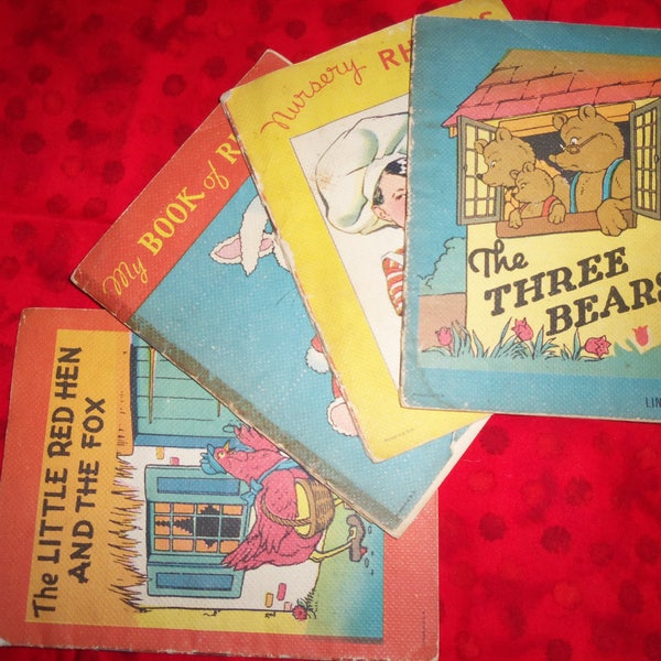 Vintage Nursery Rhymes Books,  Set of 4 ( 1940) s  The Three Bears, The Little Red Hen and the Fox, Rhyme Book,  Nursery Book,  4 Books