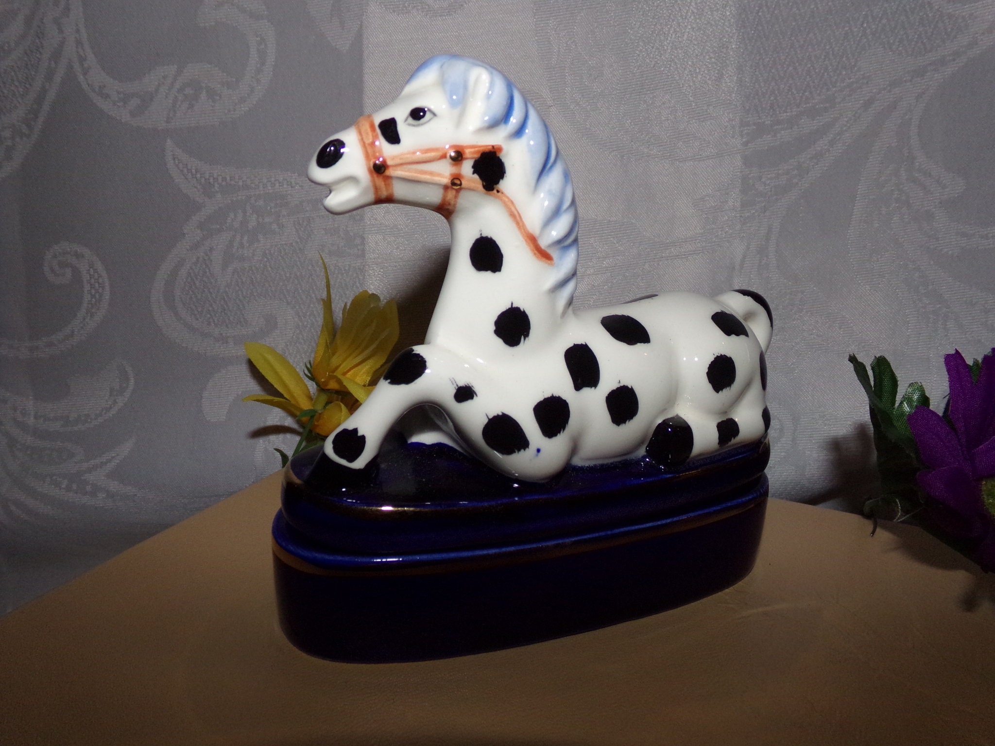FRANCE　アンティークモノトーンストライプミニBOX French Hand Painted Rectangle Shape Porcelain Trinket Box