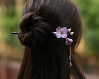 Bâtonnet à cheveux artisanal en bois de santal, pompon en velours à fleurs, accessoire pour cheveux Hanfu Qipao