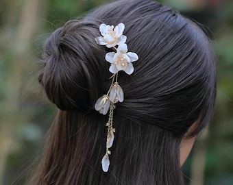 Handmade Magnolia U Hair Pin, Dangling Tassel, Hanfu Cheongsam Accessory (3 Colors)