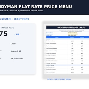 May include: A digital handyman flat rate price menu template featuring a target rate of $75 per hour, local travel, nearest $5 rounding, and 68 preloaded services. The document includes a client-facing service menu table with columns for economy, standard, and premium pricing.