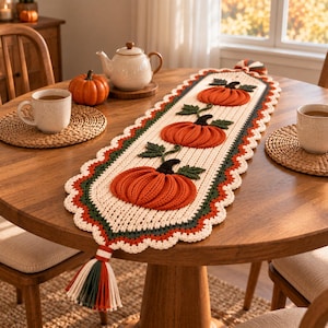 Può includere: Un runner da tavola all'uncinetto color crema con tre zucche arancioni in rilievo e foglie verdi. Il runner presenta un bordo smerlato in verde scuro e crema, rifinito con nappe decorative arancioni, verdi e crema su entrambe le estremità.