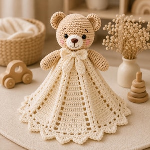 Peut inclure: Une couverture de sécurité au crochet avec une tête d'ours beige, des yeux noirs, un nez marron et des joues roses. L'ours porte un nœud crème au cou et une large jupe circulaire en crochet crème avec un bord festonné et un motif ajouré.