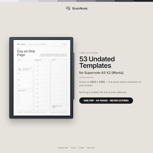 May include: A digital planner template pack for Supernote A5 X2 featuring 53 undated templates in a 1920 x 2560 resolution. The display shows a daily planner layout with sections for a schedule, notes, and priorities. Includes one PDF with 65 pages.