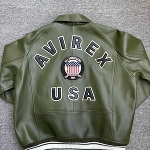 AVIREX Olive Green Real Cowhide Bomber Coat American Flight Leather Avirex Icon Jackets Mens