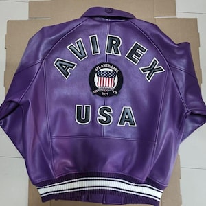 AVIREX Purple Real Cowhide Bomber Coat American Flight Leather Avirex Icon Jackets Mens