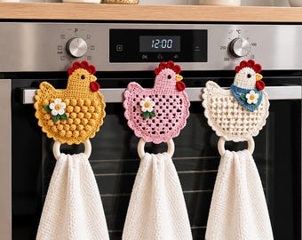 Crochet Chicken Towel Holder Pattern Set - 3 Farmhouse Kitchen Designs