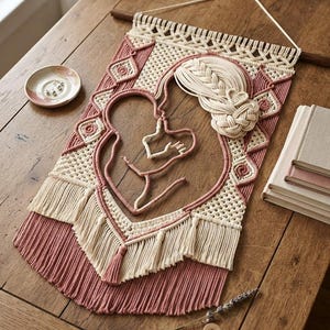May include: A macrame wall hanging featuring a cream and dusty rose cord design. The piece depicts a stylized silhouette of a person with braided hair cradling a fetus within a heart-shaped frame, finished with intricate knotting and fringe.