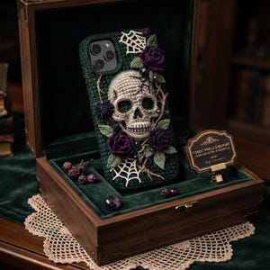 May include: A dark green crochet phone case featuring a central beige skull, deep purple crocheted roses, green leaves, and white spider web accents. The case is displayed inside a wooden box with a small sign reading Forest Skulls & Blooms.