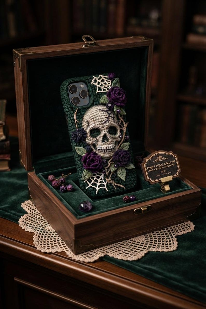 May include: A dark green crochet phone case featuring a central beige skull, deep purple crocheted roses, green leaves, and white spider web accents. The case is displayed inside a wooden box with a small sign reading Forest Skulls & Blooms.
