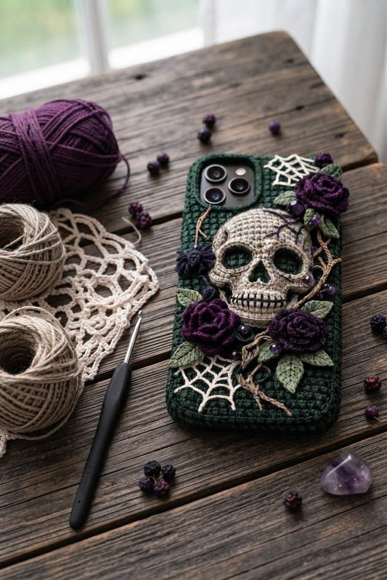 May include: A dark green crocheted phone case featuring a central beige skull motif, surrounded by deep purple crocheted roses, green leaves, and white spiderweb accents. The case is textured with yarn and includes small dark bead embellishments.