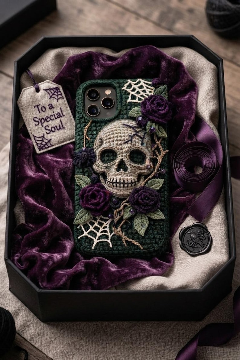 May include: A dark green crocheted phone case featuring a central beige skull, purple crocheted roses, green leaves, and white spiderweb accents. A beige gift tag with the text "To a Special Soul" and a black wax seal with a bird design are included.